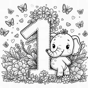 Number 1 With 1 Elephant For Kids Coloring