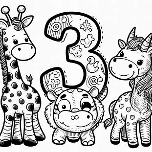 Number 3 With 3 Animals For Kids Coloring