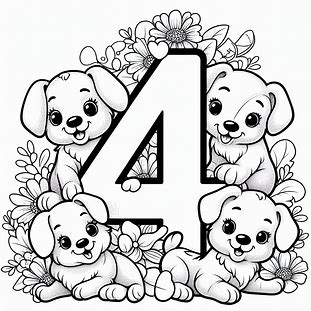 Number 4 With 4 Puppies For Kids Coloring